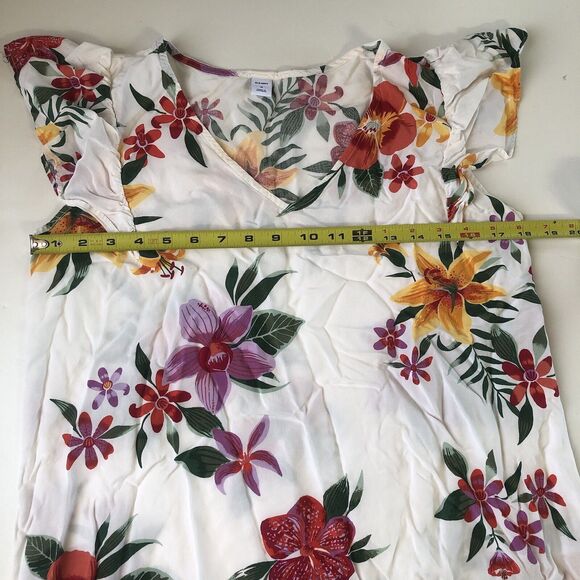 Old Navy Women’s White Floral Ruffle Flutter Short Sleeve Tropical Top Medium - Picture 5 of 14
